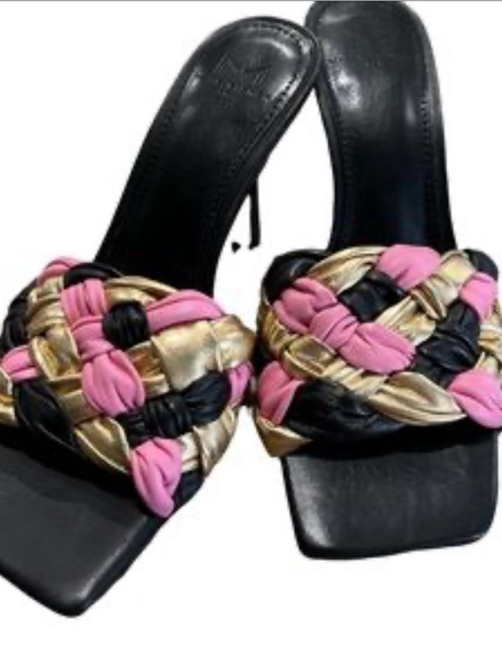Marc Fisher Women’s Braided Slide Heels in Pink, Gold & Black sandals 8